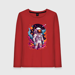 Лонгслив хлопковый женский Космонавт в открытом космосе среди планет, цвет: красный