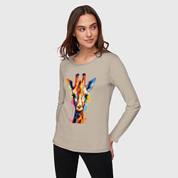 Лонгслив хлопковый женский Граффити с жирафом, цвет: миндальный — фото 2