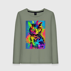 Лонгслив хлопковый женский Funny cat - pop art - neural network, цвет: авокадо
