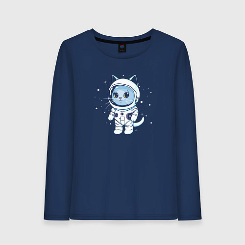 Женский лонгслив Котик в космосе / Тёмно-синий – фото 1