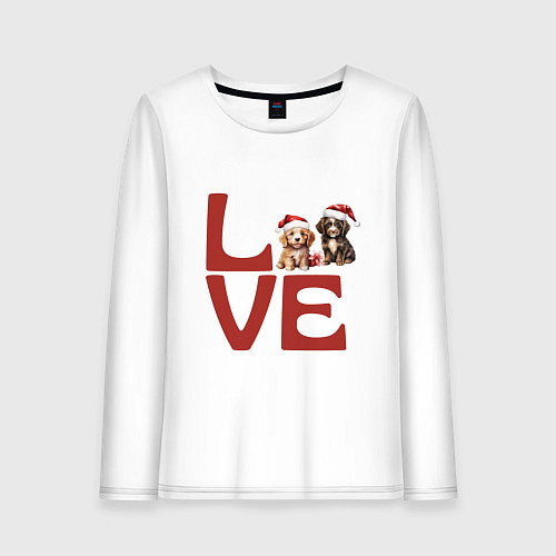 Женский лонгслив Собаки в новогодних колпаках - любовь / Белый – фото 1