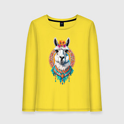 Женский лонгслив Красивая лама с цветами и перьями