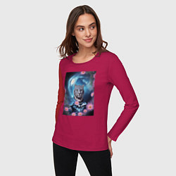 Лонгслив хлопковый женский Тигр в костюме и галактика с цветами, цвет: маджента — фото 2