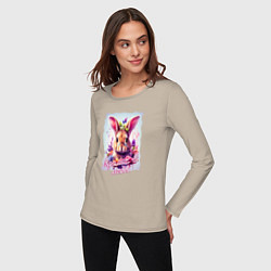 Лонгслив хлопковый женский Кролик в цветах надпись, цвет: миндальный — фото 2
