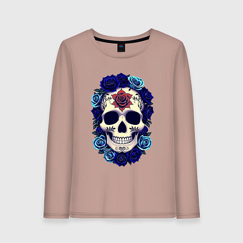 Женский лонгслив Череп с сининими розами / Пыльно-розовый – фото 1