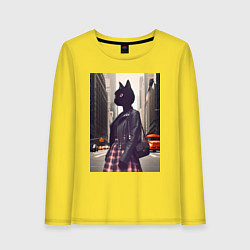 Лонгслив хлопковый женский Cat fashionista - New York - ai art, цвет: желтый