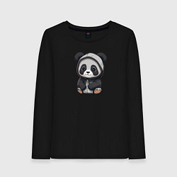Лонгслив хлопковый женский Симпатичная панда в капюшоне, цвет: черный