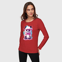 Лонгслив хлопковый женский Милая панда в розовых очках и бантике, цвет: красный — фото 2