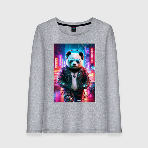 Женский лонгслив Панда в ночном Пекине - киберпанк - нейросеть / Меланж – фото 1