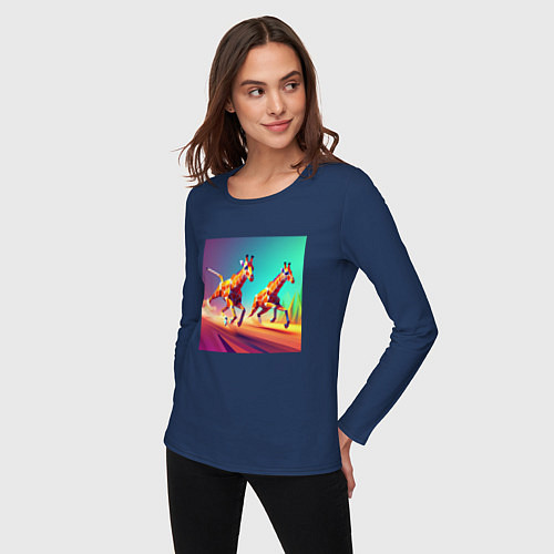 Женский лонгслив Два бегущих жирафа в стиле кубизма / Тёмно-синий – фото 3