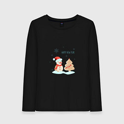 Лонгслив хлопковый женский Снеговик с имбирной ёлкой, цвет: черный