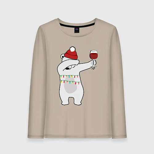Женский лонгслив Новогодний мишка с бокалом вина / Миндальный – фото 1