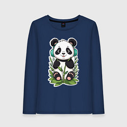 Лонгслив хлопковый женский Медвежонок панды в наушниках, цвет: тёмно-синий