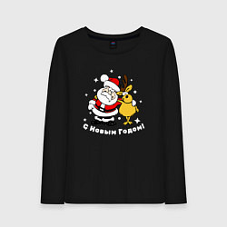 Лонгслив хлопковый женский Дед мороз с оленем, цвет: черный