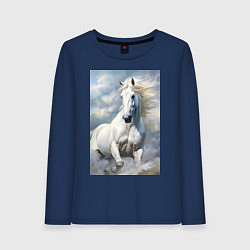 Лонгслив хлопковый женский Белая лошадь на фоне неба, цвет: тёмно-синий