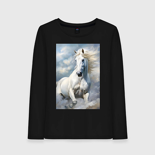 Женский лонгслив Белая лошадь на фоне неба / Черный – фото 1