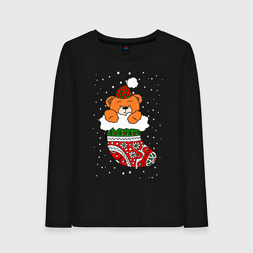 Женский лонгслив Игрушечный мишка в носке / Черный – фото 1