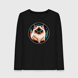 Лонгслив хлопковый женский Гималайский кот ждет Новый Год, цвет: черный