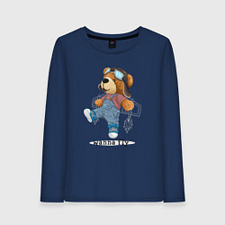 Лонгслив хлопковый женский Плюшевый медвежонок летчик, цвет: тёмно-синий