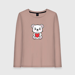 Лонгслив хлопковый женский Белый медвежонок с сердечком, цвет: пыльно-розовый