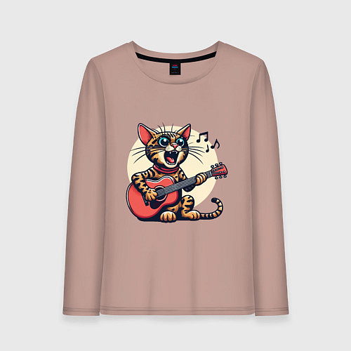 Женский лонгслив Забавный полосатый кот играет на гитаре / Пыльно-розовый – фото 1