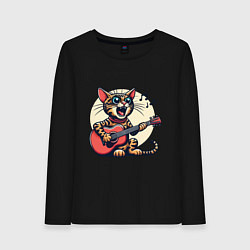 Лонгслив хлопковый женский Забавный полосатый кот играет на гитаре, цвет: черный