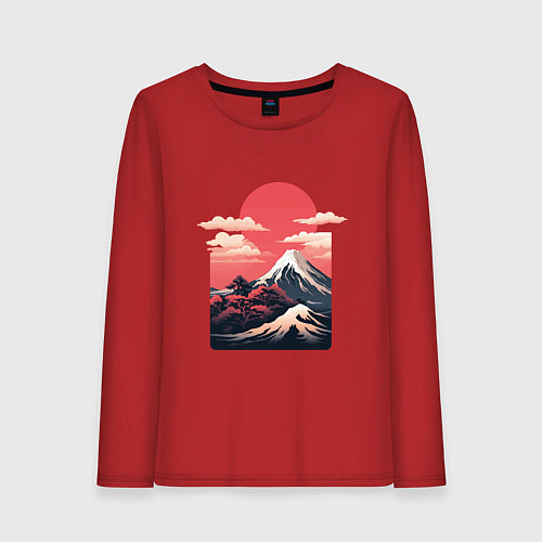 Женский лонгслив Горный пейзаж с солнцем / Красный – фото 1
