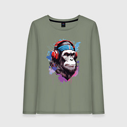 Лонгслив хлопковый женский Шимпанзе в наушниках, цвет: авокадо