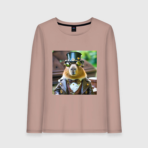 Женский лонгслив Мем капибара в стиле стимпанк в очках и шляпе / Пыльно-розовый – фото 1