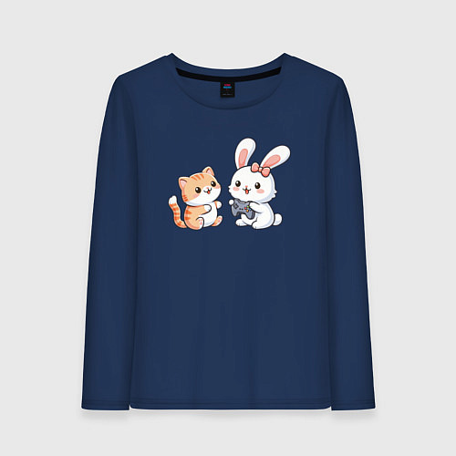 Женский лонгслив Котик играет с кроликом / Тёмно-синий – фото 1