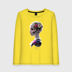 Лонгслив хлопковый женский Фантастическая девушка робот цветы и механизм, цвет: желтый