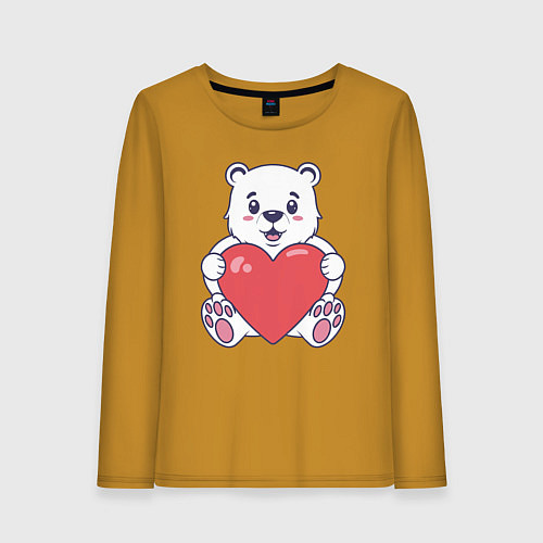 Женский лонгслив Белый медведь с сердцем / Горчичный – фото 1