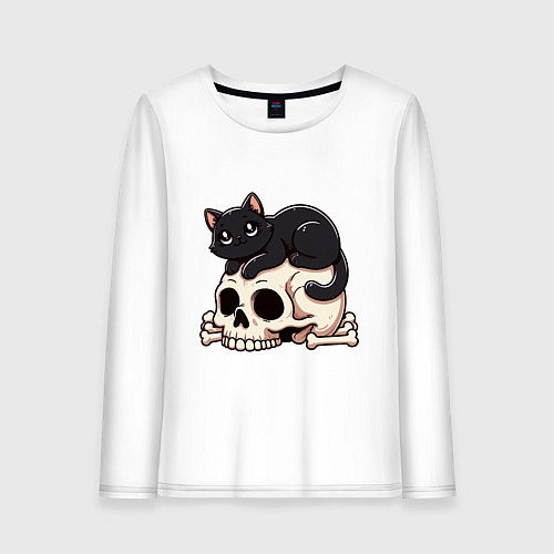 Женский лонгслив Черный кот лежит на черепе / Белый – фото 1