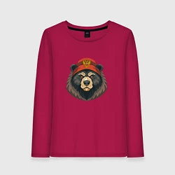 Лонгслив хлопковый женский Русский медведь в шапке с гербом, цвет: маджента