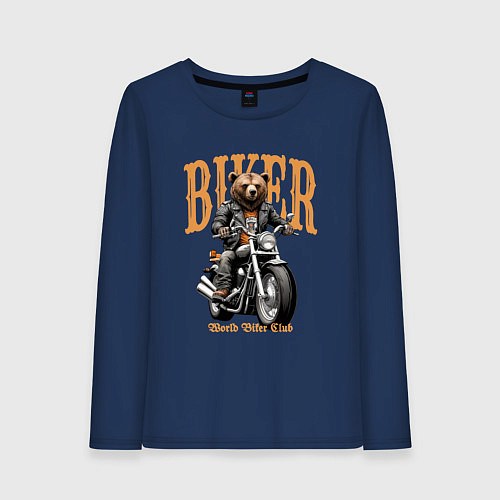 Женский лонгслив Байкер медведь на мотоцикле / Тёмно-синий – фото 1