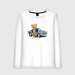 Лонгслив хлопковый женский Плюшевый медвежонок и автомобиль, цвет: белый