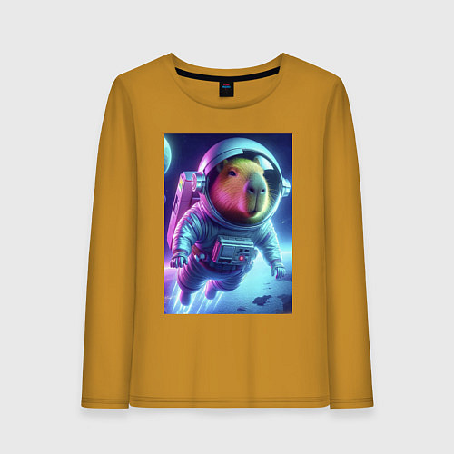 Женский лонгслив Полёт капибары в космосе - неон / Горчичный – фото 1