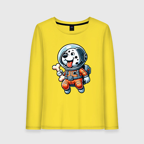 Женский лонгслив Dalmatian cosmonaut puppy with a bone / Желтый – фото 1