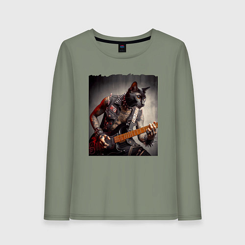 Женский лонгслив Татуированный чёрный котяра рок гитарист / Авокадо – фото 1