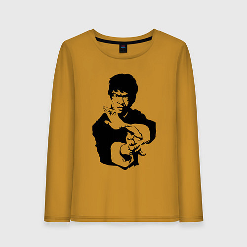 Женский лонгслив Черный силуэт Брюс Ли / Горчичный – фото 1