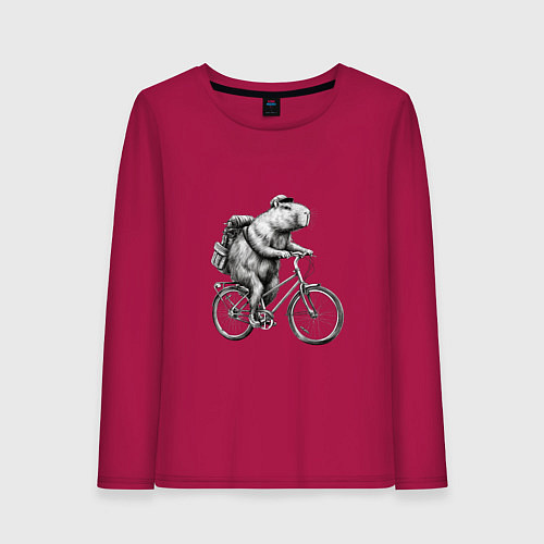Женский лонгслив Капибара на велосипеде в черном цвете / Маджента – фото 1