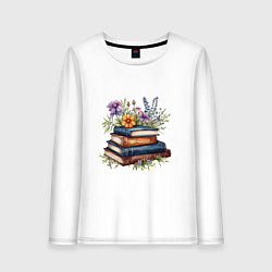 Женский лонгслив Стопка книг с полевыми цветами