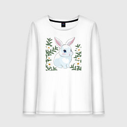 Лонгслив хлопковый женский Милый зайчонок на фоне цветов, цвет: белый