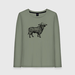 Лонгслив хлопковый женский Бык в новогодней шапке, цвет: авокадо