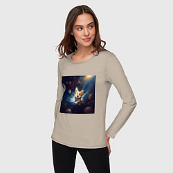 Лонгслив хлопковый женский Корги в космосе, цвет: миндальный — фото 2