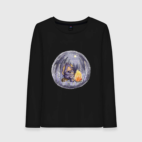 Женский лонгслив Девочка у костра зимой / Черный – фото 1
