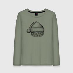 Лонгслив хлопковый женский Котенок в новогоднем колпаке, цвет: авокадо