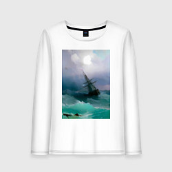 Лонгслив хлопковый женский Корабль среди бурного моря, цвет: белый