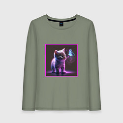 Лонгслив хлопковый женский Кот удивленно смотрит на бабочку, цвет: авокадо