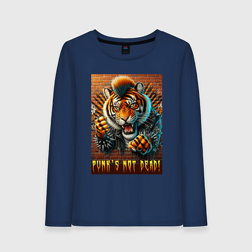 Женский лонгслив Punks not dead - motto tiger / Тёмно-синий – фото 1